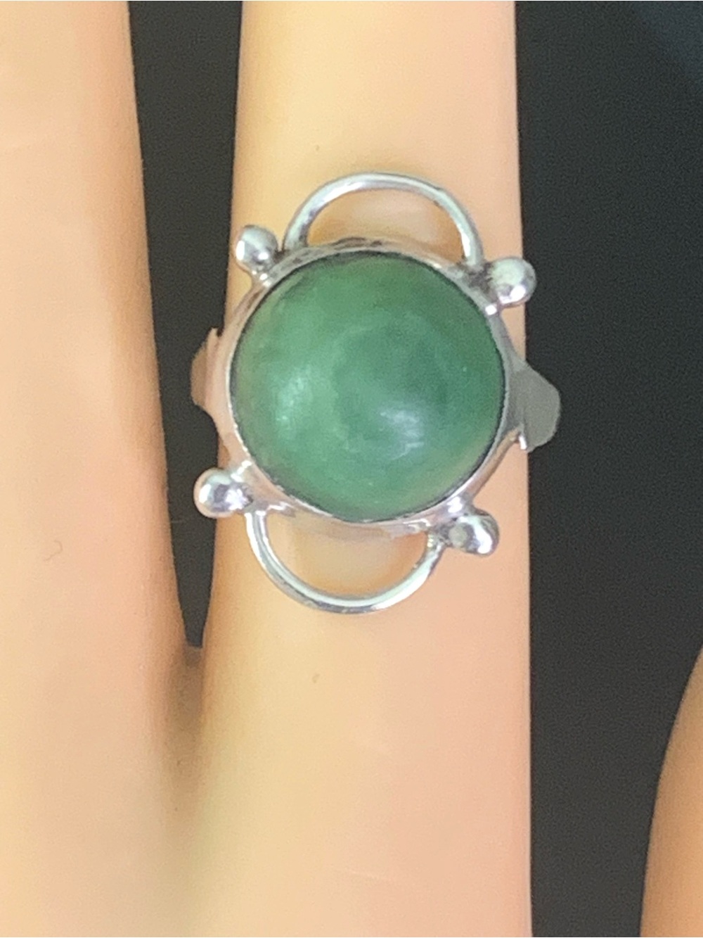 Vintage Mexican Sterling Silver Green Cabochon Adjustable Ring